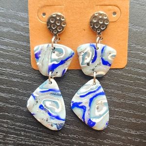 Translucent Marbled Blue Clay Post Dangle Statement Earrings